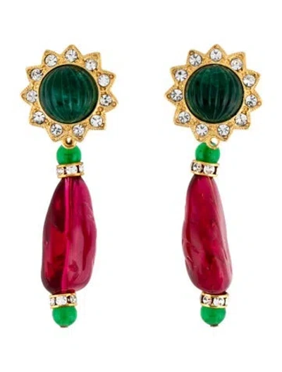 Pre-owned Kenneth Jay Lane Crystal & Glass Drop Clip-on Earrings In Clear/green/pink