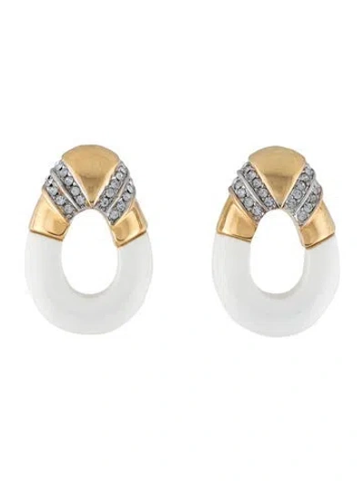 Pre-owned Kenneth Jay Lane Crystal & Resin Clip-on Drop Earrings In White