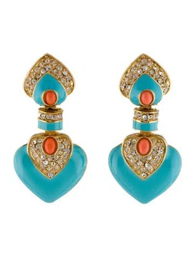 Pre-owned Kenneth Jay Lane Crystal & Resin Heart Drop Clip-on Earrings In Blue