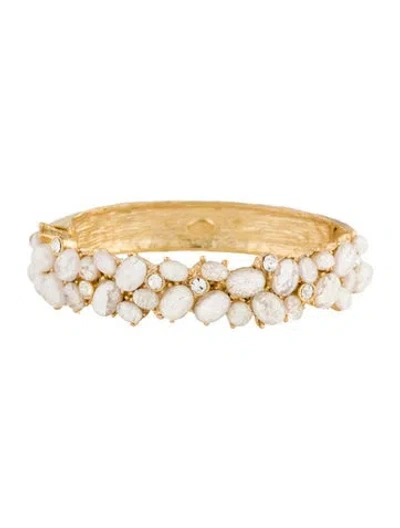Pre-owned Kenneth Jay Lane Crystal & Resin Hinge Bangle Bracelet, 6.5" In White