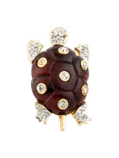 Pre-owned Kenneth Jay Lane Crystal & Resin Turtle Pin Brooch In Brown/clear