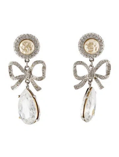 Pre-owned Kenneth Jay Lane Crystal Embellished Bow Drop Earrings In Transparent