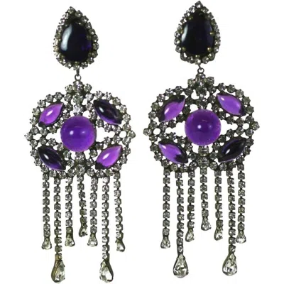 Pre-owned Kenneth Jay Lane Crystal Paste And Amythest Cabochon Earrings In Black