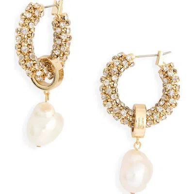 Kenneth Jay Lane Crystal Wrapped Pearl Drop Hoop Earrings In Gold