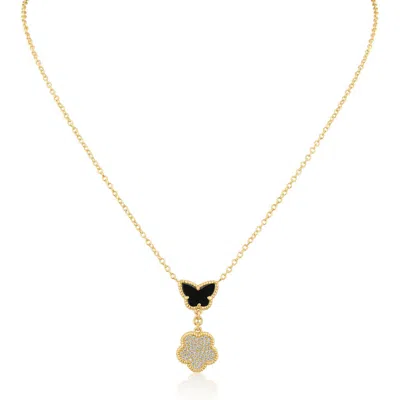 Kenneth Jay Lane Cz By  Cz Pavé Butterfly & Clover Drop Pendant Necklace In Black/gold
