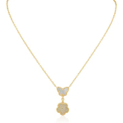 Kenneth Jay Lane Cz By  Cz Pavé Butterfly & Clover Drop Pendant Necklace In Mother Of Pearl/gold
