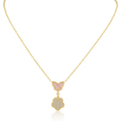Kenneth Jay Lane Cz By  Cz Pavé Butterfly & Clover Drop Pendant Necklace In Pink/gold