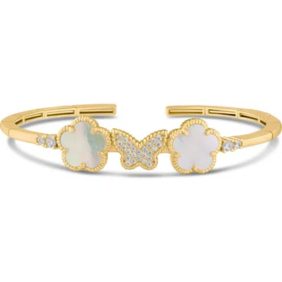 Kenneth Jay Lane Cz By  Cz Pavé Butterfly & Clover Flex Bracelet In Mother Of Pearl/gold