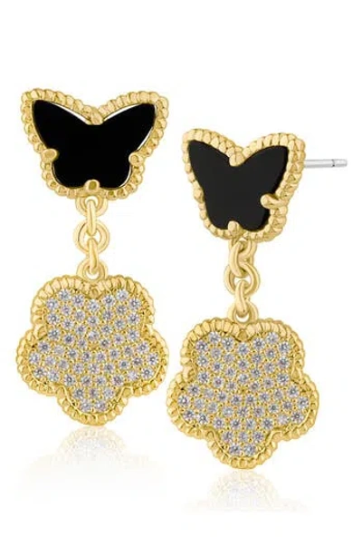 Kenneth Jay Lane Cz By  Cz Pavé Butterfly & Clover Flex Drop Earrings In Black/gold