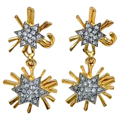 Pre-owned Kenneth Jay Lane Designer Gold Swarovski Crystal Starburst Drop Post Earrings In Multi