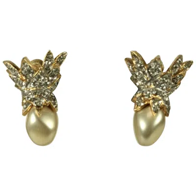 Pre-owned Kenneth Jay Lane Early K.j.l. Pave Faux Pearl Schlumberger Style Ear Clips In Multi