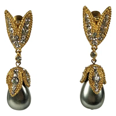 Pre-owned Kenneth Jay Lane Elegant  Grey Pearl And Pave Earrings In Gray