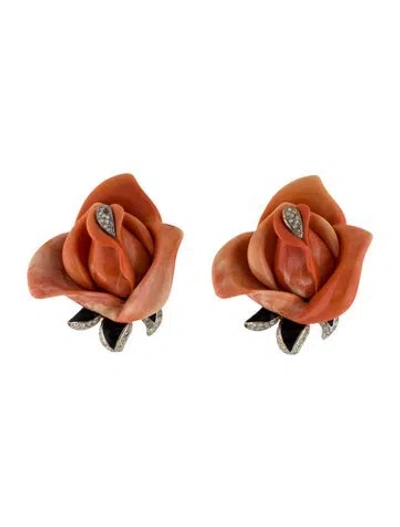Pre-owned Kenneth Jay Lane Embellished Rose Clip On Earrings In Multi