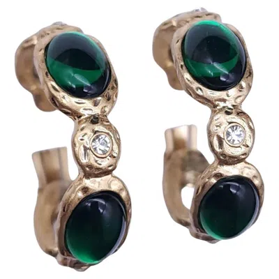 Pre-owned Kenneth Jay Lane Emerald Crystal Cabochon Clip On Hoop Earrings, Clear Crystals In Green