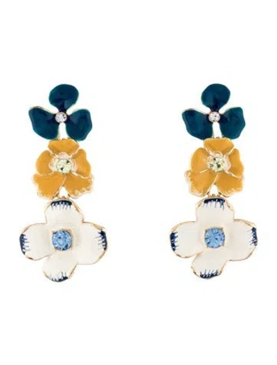 Pre-owned Kenneth Jay Lane Enamel & Crystal Triple Flower Drop Earrings In Blue/clear/white