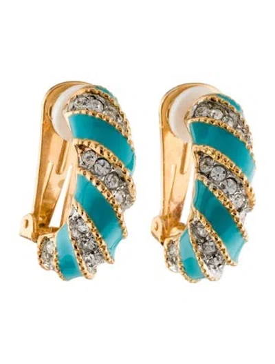 Pre-owned Kenneth Jay Lane Enamel & Crystal Twisted Clip-on Earrings In Blue
