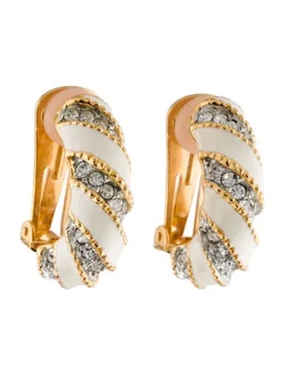 Pre-owned Kenneth Jay Lane Enamel & Crystal Twisted Clip-on Earrings In White