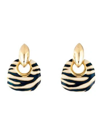 Pre-owned Kenneth Jay Lane Enamel Animal Print Interchangeable Clip-on Earrings In Blue/white
