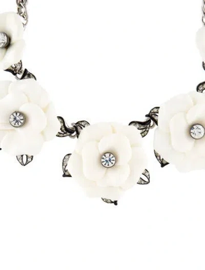 Pre-owned Kenneth Jay Lane Enamel, Crystal & Resin Flower Collar Necklace, 17.75" In White