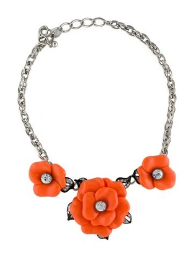 Pre-owned Kenneth Jay Lane Enamel, Resin & Crystal Flower Collar Necklace, 19.25"