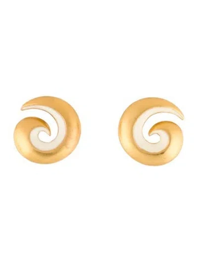 Pre-owned Kenneth Jay Lane Enamel Swirl Clip-on Earrings In White