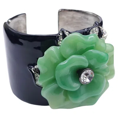 Pre-owned Kenneth Jay Lane Faux Jade Flower Cuff Bracelet, Crystals And Black Enamel, 2" In Green