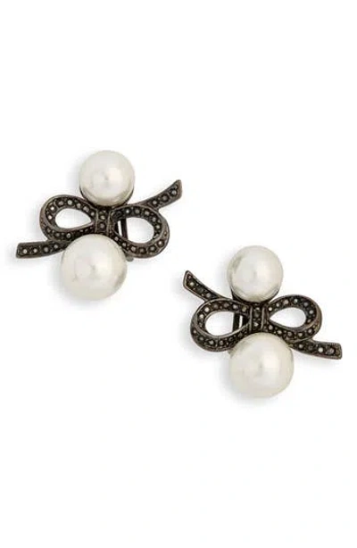 Kenneth Jay Lane Faux Pearl & Crystal Bow Clip-on Earrings In White
