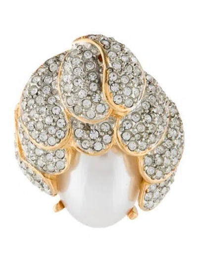 Pre-owned Kenneth Jay Lane Faux Pearl & Crystal Brooch Pin In White