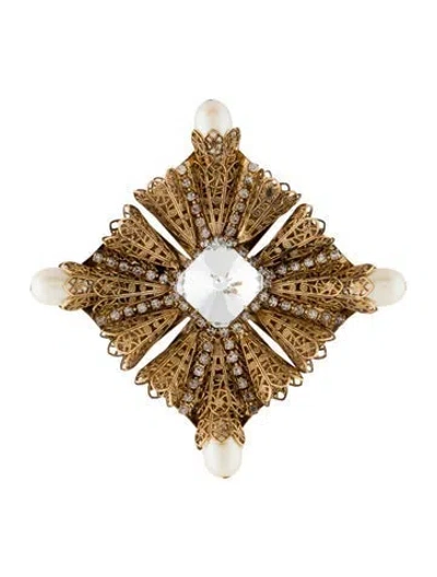 Pre-owned Kenneth Jay Lane Faux Pearl & Crystal Brooch In White