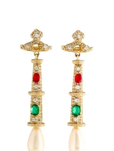 Pre-owned Kenneth Jay Lane Faux Pearl & Crystal Clip-on Drop Earrings In Clear/green/red