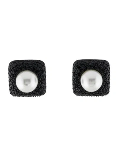 Pre-owned Kenneth Jay Lane Faux Pearl & Crystal Clip-on Earrings In Black