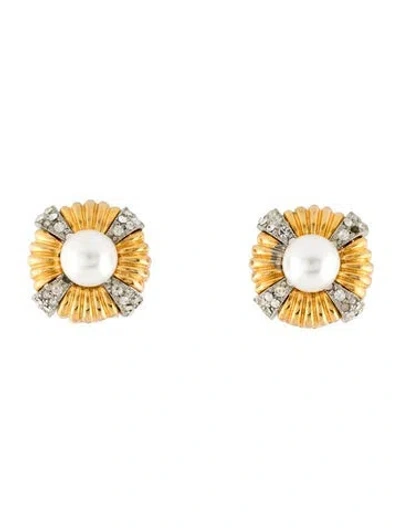 Pre-owned Kenneth Jay Lane Faux Pearl & Crystal Clip-on Earrings In Multicolor