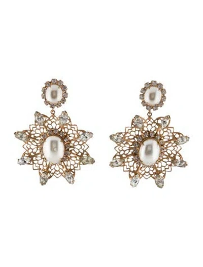 Pre-owned Kenneth Jay Lane Faux Pearl & Crystal Clip-on Earrings In White