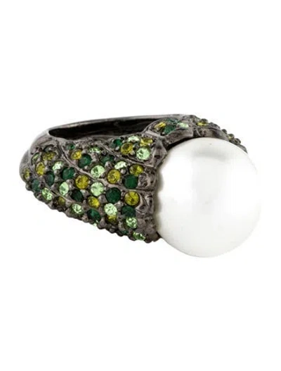 Pre-owned Kenneth Jay Lane Faux Pearl & Crystal Cocktail Ring In Multi