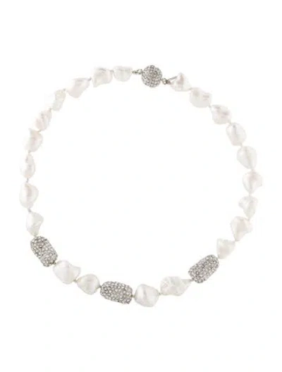 Pre-owned Kenneth Jay Lane Faux Pearl & Crystal Collar Necklace, 21" In White