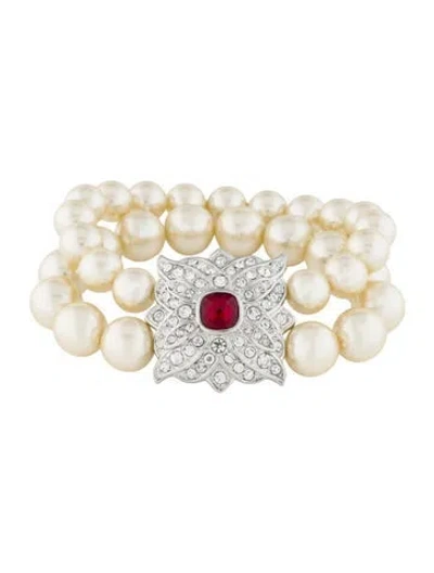 Pre-owned Kenneth Jay Lane Faux Pearl And Crystal Double Strand Stretch Bracelet, 7" In Multi