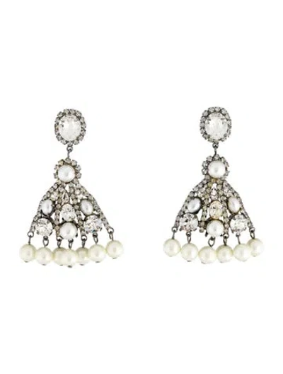 Pre-owned Kenneth Jay Lane Faux Pearl & Crystal Drop Earrings In White