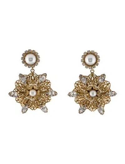 Pre-owned Kenneth Jay Lane Faux Pearl & Crystal Filigree Flower Clip-on Drop Earrings In White