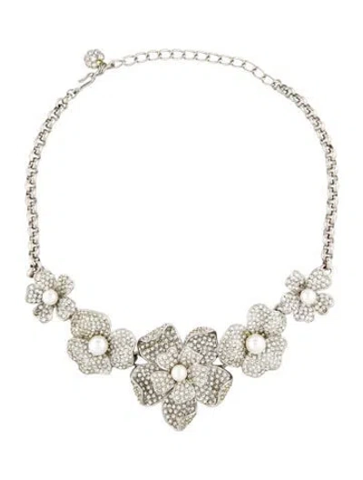 Pre-owned Kenneth Jay Lane Faux Pearl & Crystal Flower Collar Necklace, 20" In White