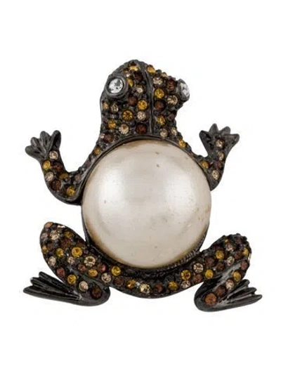 Pre-owned Kenneth Jay Lane Faux Pearl & Crystal Frog Brooch Pin In Multi