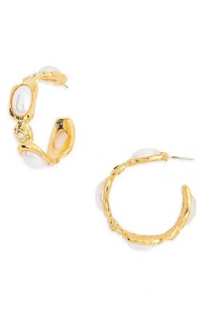 Kenneth Jay Lane Faux Pearl & Crystal Hoop Earrings In Gold