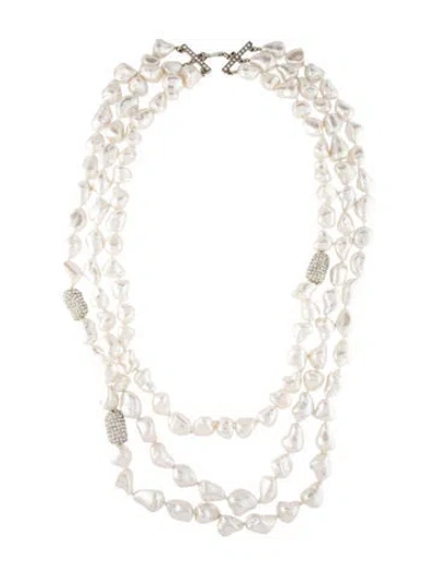 Pre-owned Kenneth Jay Lane Faux Pearl & Crystal Multistrand Necklace, 30.5" In White