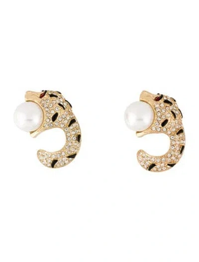Pre-owned Kenneth Jay Lane Faux Pearl & Crystal Panther Clip On Earrings In Clear/red/white