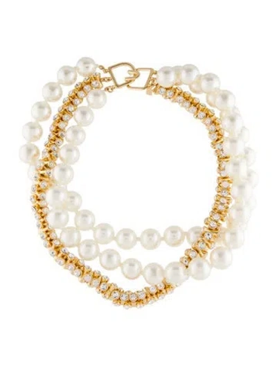 Pre-owned Kenneth Jay Lane Faux Pearl & Crystal Triple Strand Collar Necklace, 19" In Multi