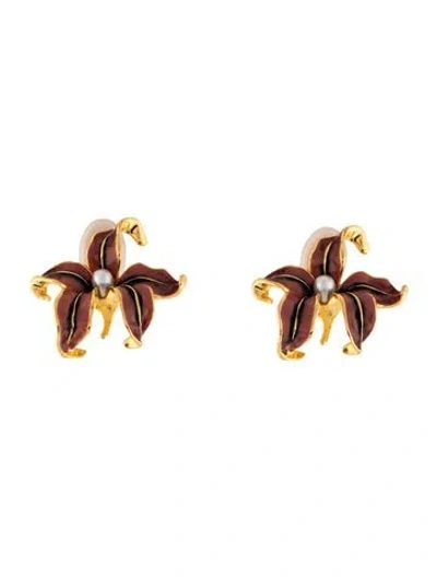 Pre-owned Kenneth Jay Lane Faux Pearl & Enamel Lily Clip On Earrings In Multicolor