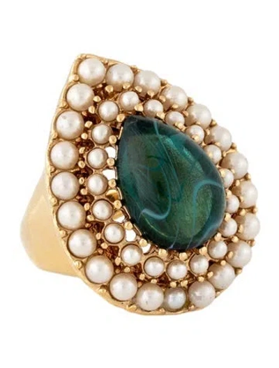 Pre-owned Kenneth Jay Lane Faux Pearl & Glass Cocktail Ring In Green/white