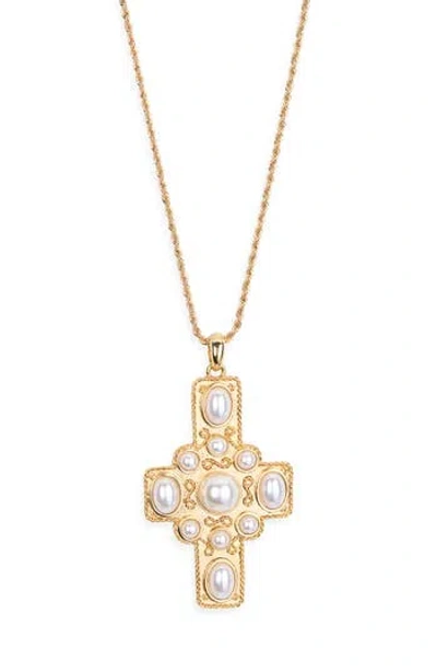 Kenneth Jay Lane Faux Pearl Cross Pendant Necklace In Gold