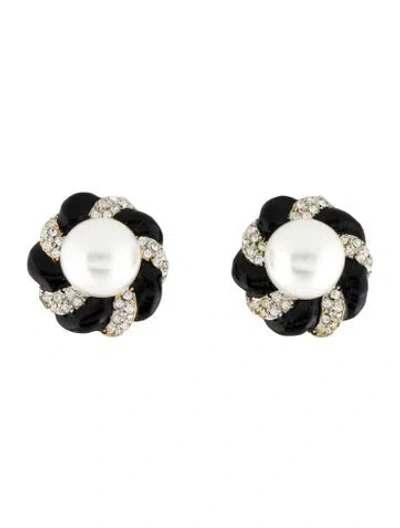 Pre-owned Kenneth Jay Lane Faux Pearl, Crystal, & Enamel Clip-on Earrings In Multi