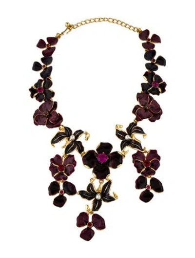 Pre-owned Kenneth Jay Lane Faux Pearl, Crystal & Enamel Flower Collar Necklace, 19" In Multi