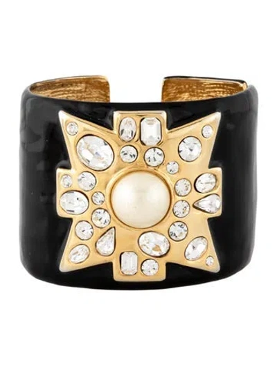 Pre-owned Kenneth Jay Lane Faux Pearl, Crystal & Enamel Maltese Cross Cuff Bracelet, 6.5" In Black/clear/white